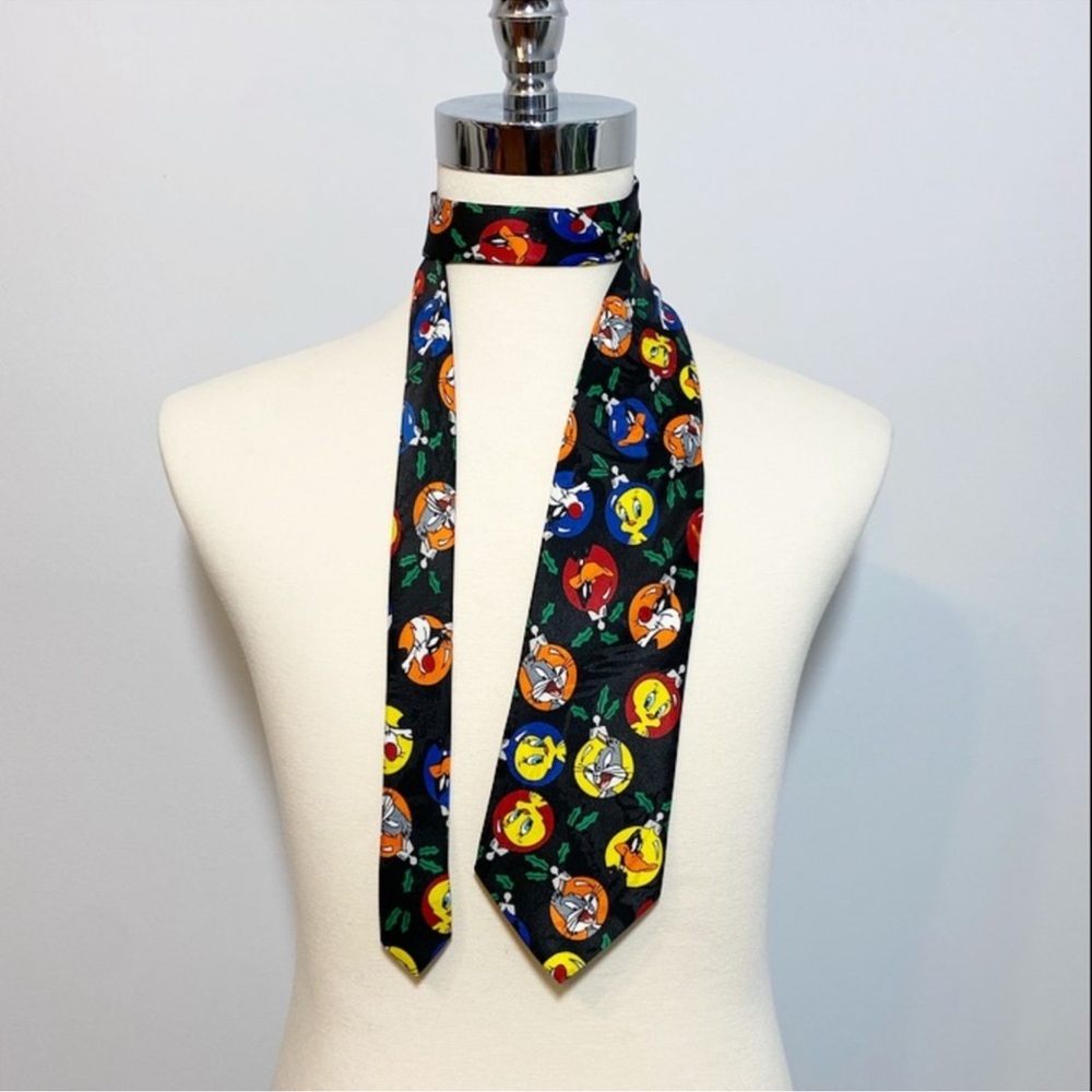 Vintage Looney Tunes Black Christmas Tree Ornaments Characters Pattern Necktie